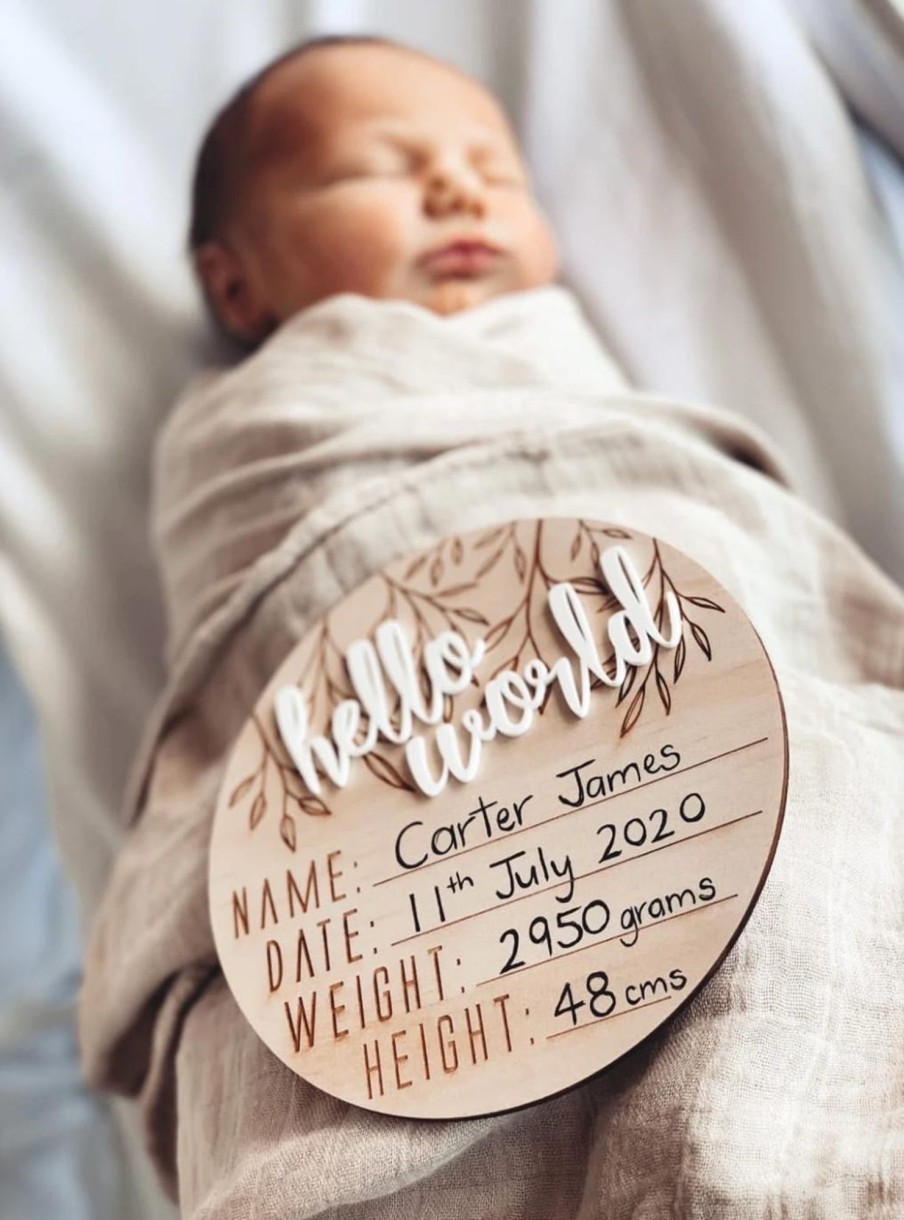 For Mums & Dads Hello Fern | Wooden + Acrylic "Hello World' Birth Announcement Disc - Hello Fern