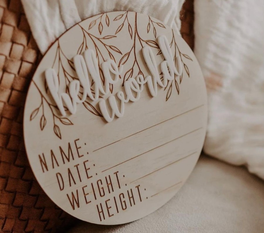 For Mums & Dads Hello Fern | Wooden + Acrylic "Hello World' Birth Announcement Disc - Hello Fern