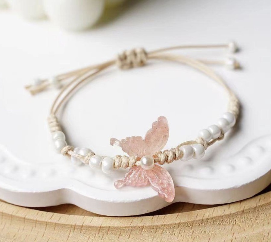 Clothes & Accessories Aquarius Designs | Adjustable Anklet; Pastel Pink Butterfly - Aquarius Designs