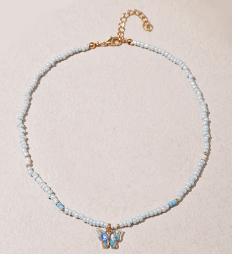 Clothes & Accessories Aquarius Designs | Choker; Blue Bead & Butterfly - Aquarius Designs