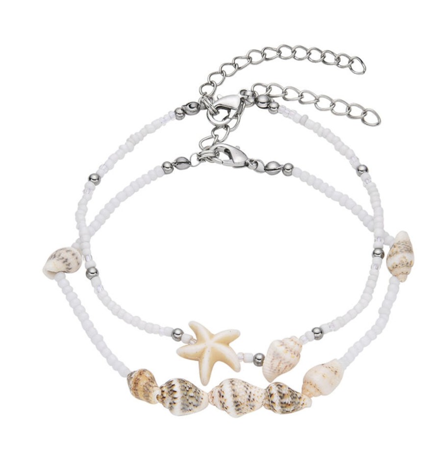 Clothes & Accessories Aquarius Designs | Anklet; Set Of Two Seed Bead & Seashell - Aquarius Designs