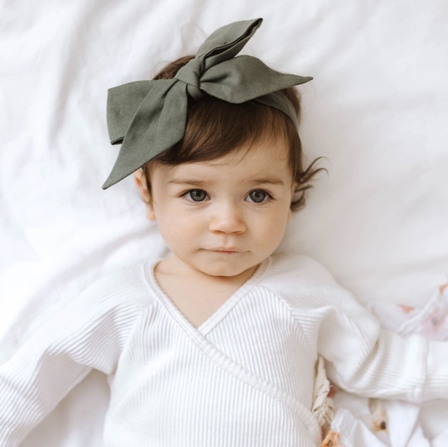 Clothes & Accessories Snuggle Hunny Kids | Linen Bow Headband; Olive - Snuggle Hunny Kids